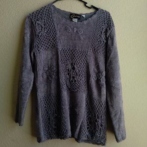 Vintage Carina Purple Gray Knit Sweater with Mixed Print Crochet Floral Detail